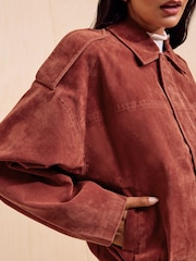 Friends Like These Brick Red Faux Suede Oversize Bomber Jacket - Image 4 of 5