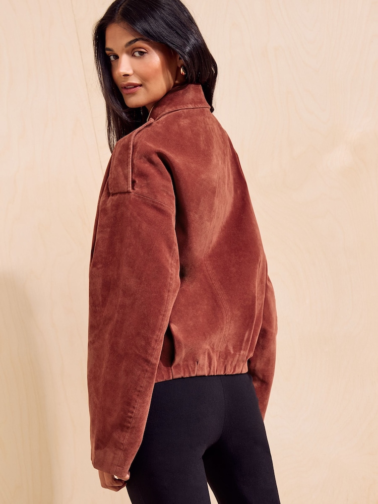 Friends Like These Brick Red Faux Suede Oversize Bomber Jacket - Image 5 of 5