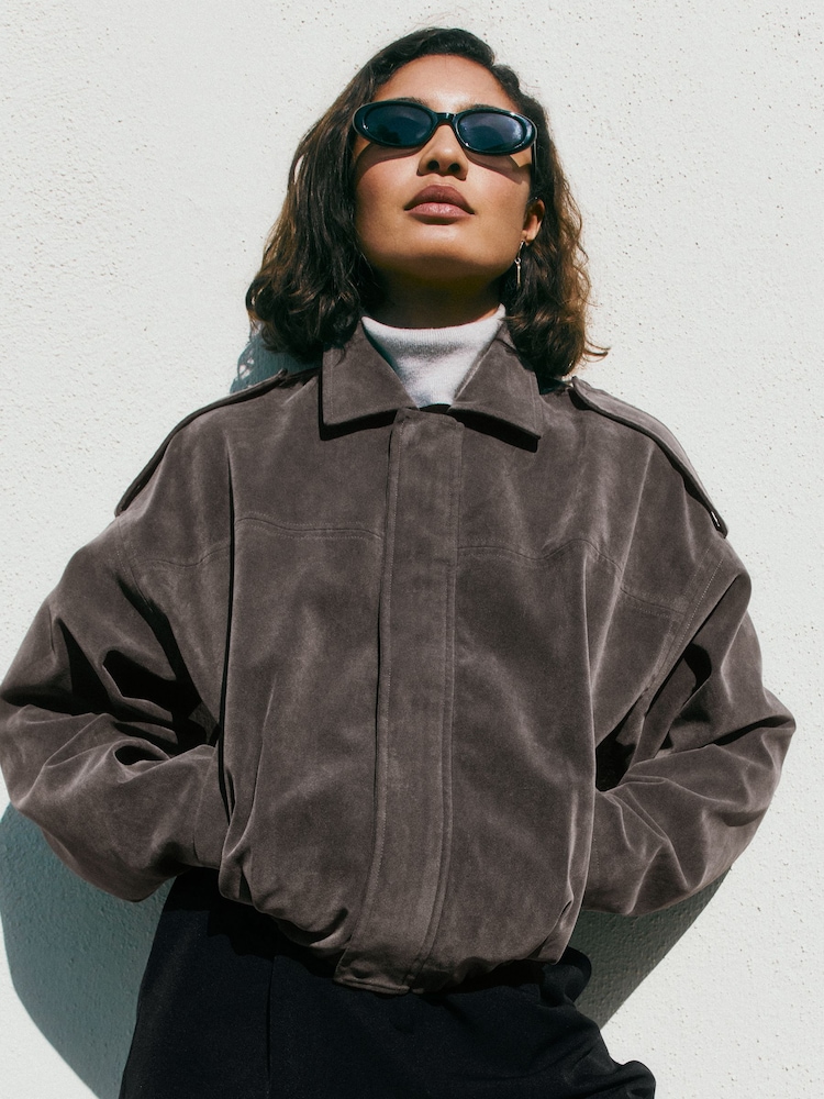 Friends Like These Grey Faux Suede Oversize Bomber Jacket - Image 1 of 5 Friends Like These Grey Faux Suede Oversize Bomber Jacket - Image 1 of 5