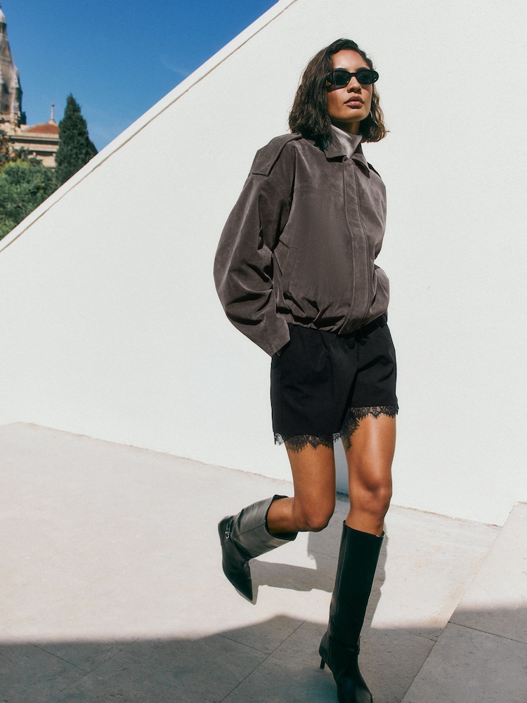 Friends Like These Grey Faux Suede Oversize Bomber Jacket - Image 2 of 5 Friends Like These Grey Faux Suede Oversize Bomber Jacket - Image 2 of 5