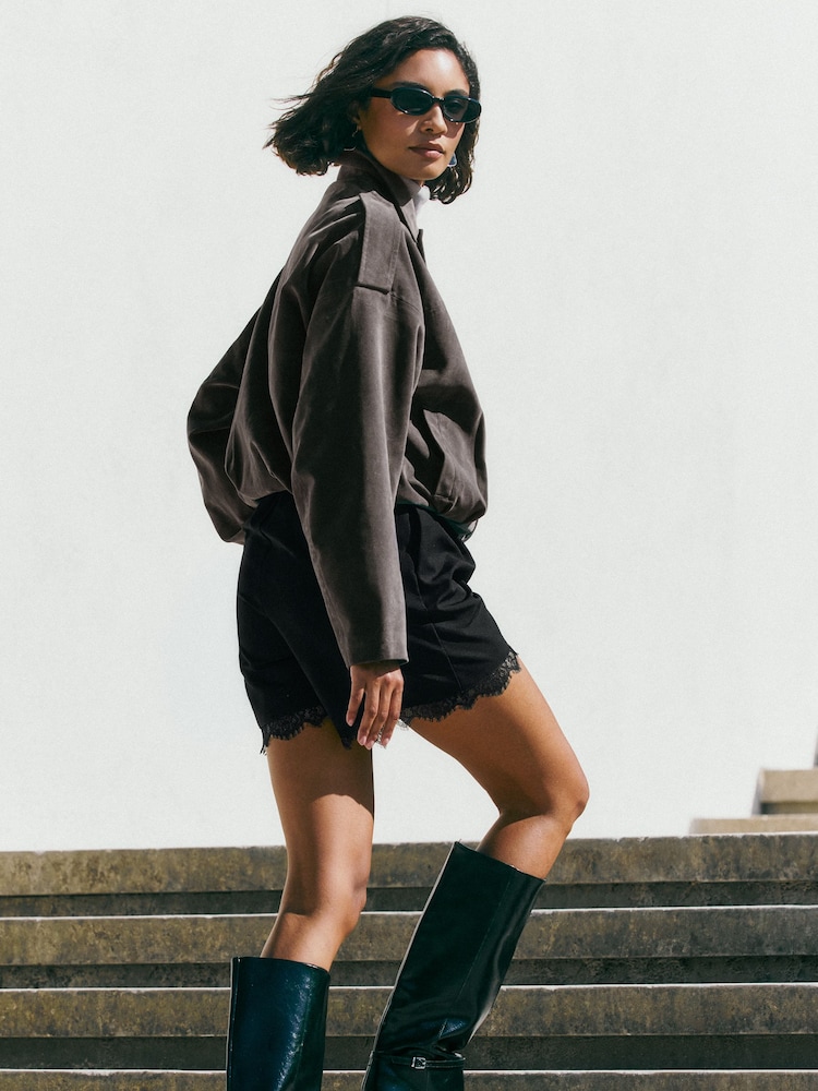 Friends Like These Grey Faux Suede Oversize Bomber Jacket - Image 5 of 5 Friends Like These Grey Faux Suede Oversize Bomber Jacket - Image 5 of 5