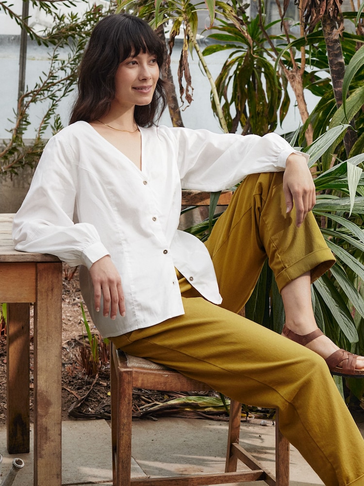 Celtic & Co. White Cotton Blend V-Neck Button Through Blouse - Image 1 of 6