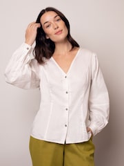 Celtic & Co. White Cotton Blend V-Neck Button Through Blouse - Image 2 of 6