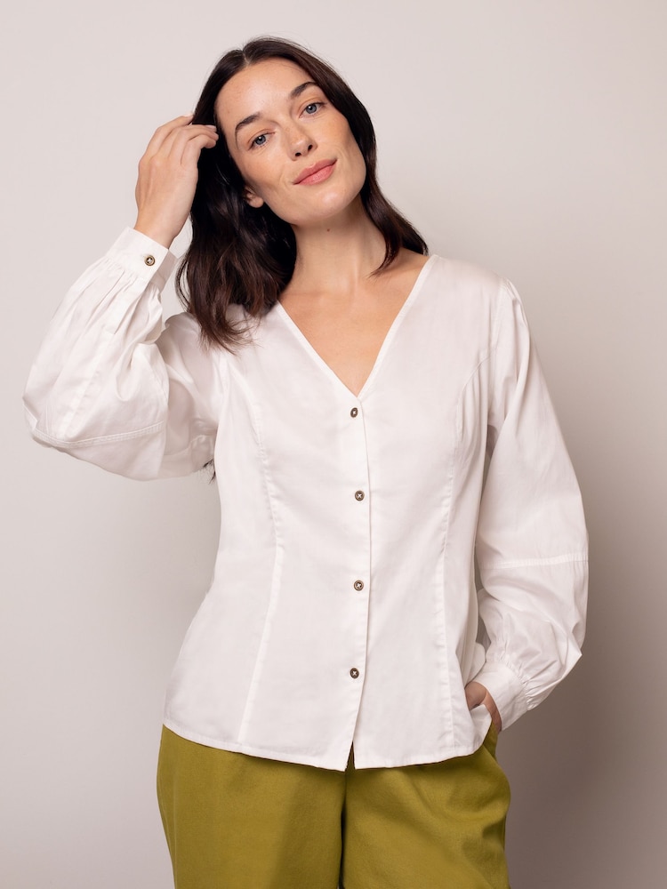 Celtic & Co. White Cotton Blend V-Neck Button Through Blouse - Image 2 of 6