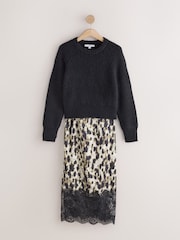 Black/Animal Print 2 in 1 Jumper Lace Trim Dress - Image 6 of 8