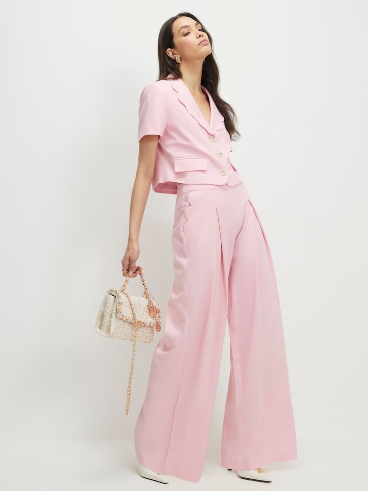 River Island Pink Linen Blend Scallop Hem Wide Leg Trouser - Image 1 of 4