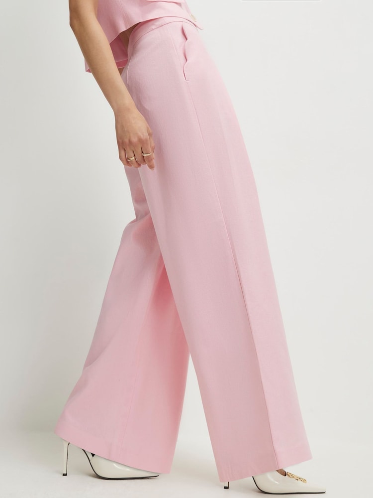River Island Pink Linen Blend Scallop Hem Wide Leg Trouser - Image 4 of 4
