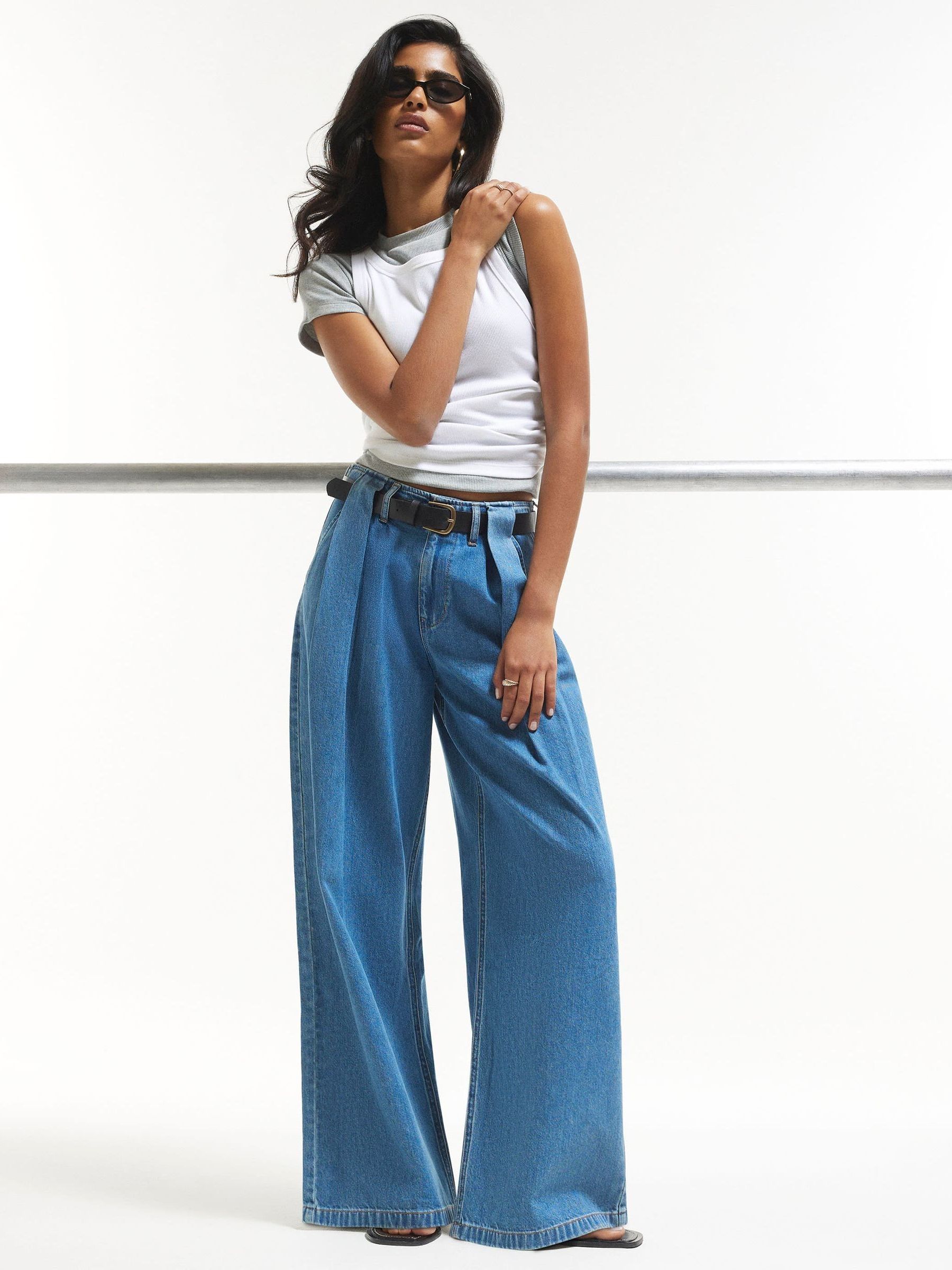 Buy River Island Blue High Rise Belted Pleated Wide Leg Jeans from