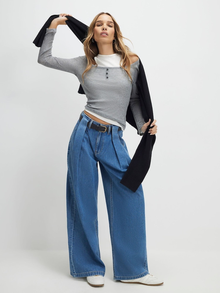 River Island Blue High Rise Belted Pleated Wide Leg Jeans - Image 1 of 4