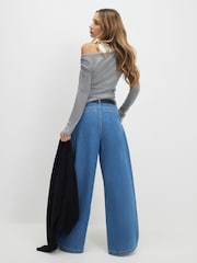 River Island Blue High Rise Belted Pleated Wide Leg Jeans - Image 4 of 4