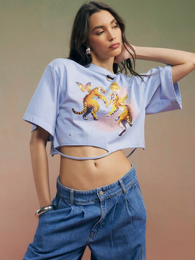 River Island Blue Short Sleeve Year Zero Cropped Rip Detail T-Shirt - Image 1 of 4