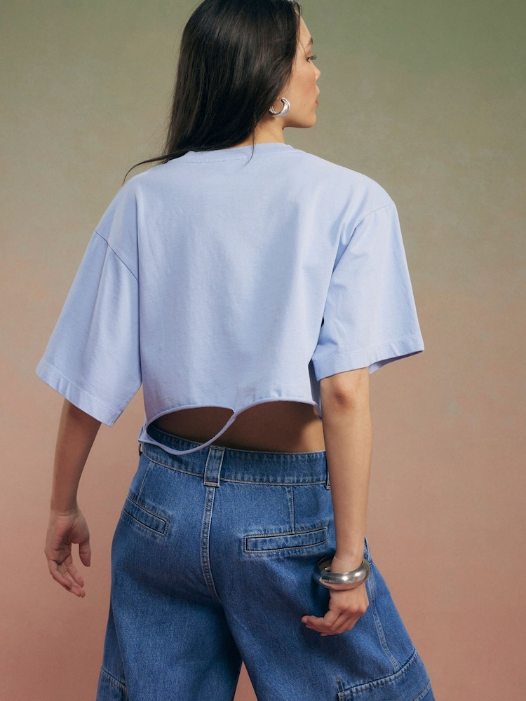 River Island Blue Short Sleeve Year Zero Cropped Rip Detail T-Shirt - Image 2 of 4