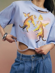 River Island Blue Short Sleeve Year Zero Cropped Rip Detail T-Shirt - Image 3 of 4