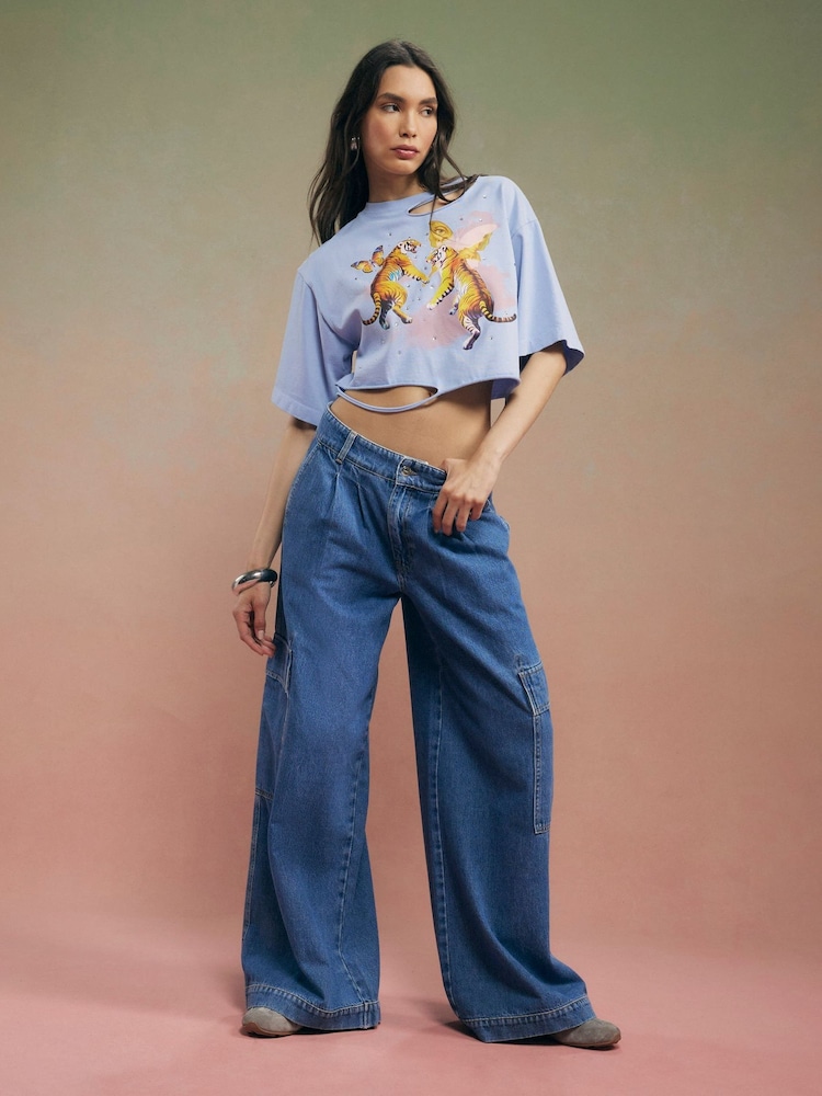 River Island Blue Short Sleeve Year Zero Cropped Rip Detail T-Shirt - Image 4 of 4