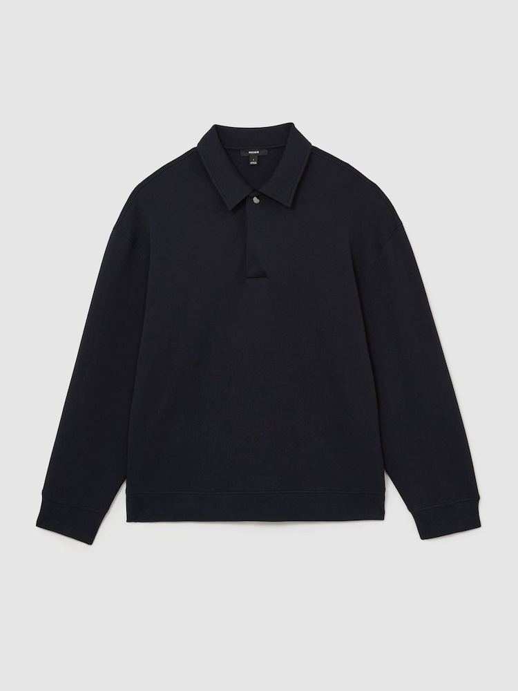 Reiss Navy Brooks Premium Interlock Relaxed Polo Sweatshirt - Image 2 of 8 Reiss Navy Brooks Premium Interlock Relaxed Polo Sweatshirt - Image 2 of 8