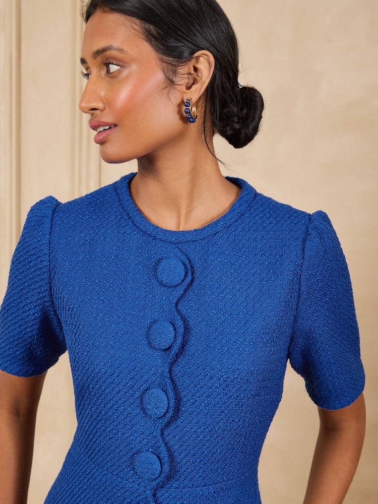Love & Roses Cobalt Blue Boucle Button Front Scallop Mini Dress - Image 2 of 5