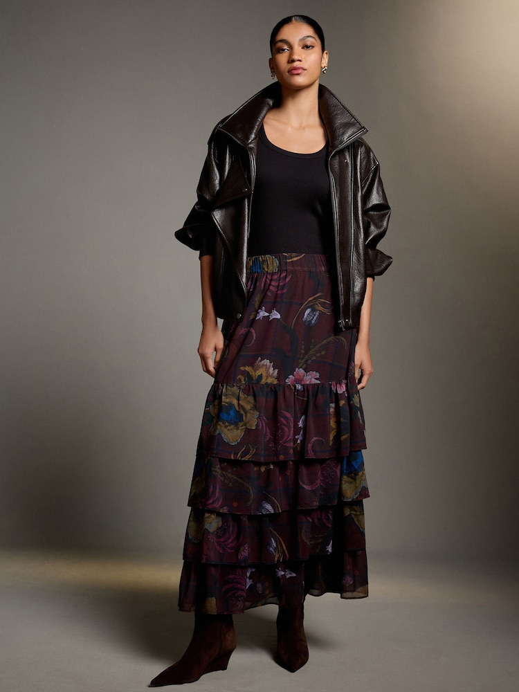 Burgundy Floral Kew Gardens Collection Ruffle Maxi Skirt - Image 1 of 8
