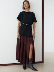 Burgundy Red Check Pleated Midi Skirt - Image 1 of 5