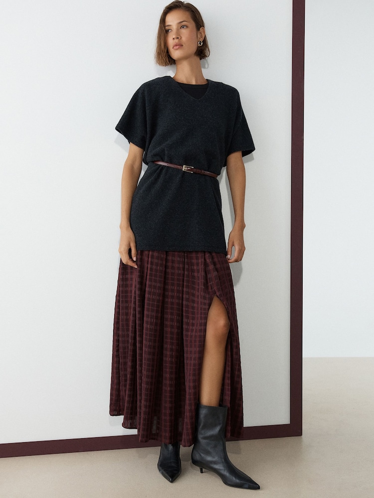 Burgundy Red Check Pleated Midi Skirt - Image 1 of 5 Burgundy Red Check Pleated Midi Skirt - Image 1 of 5