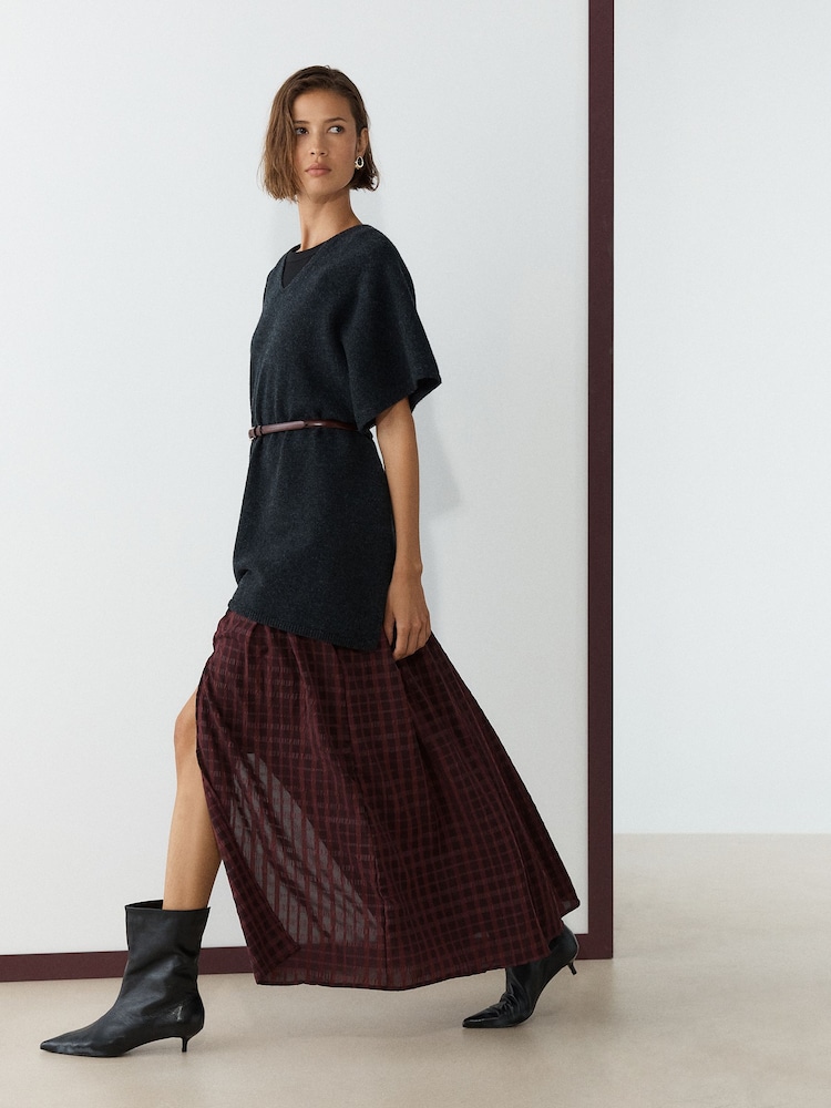 Burgundy Red Check Pleated Midi Skirt - Image 2 of 5 Burgundy Red Check Pleated Midi Skirt - Image 2 of 5