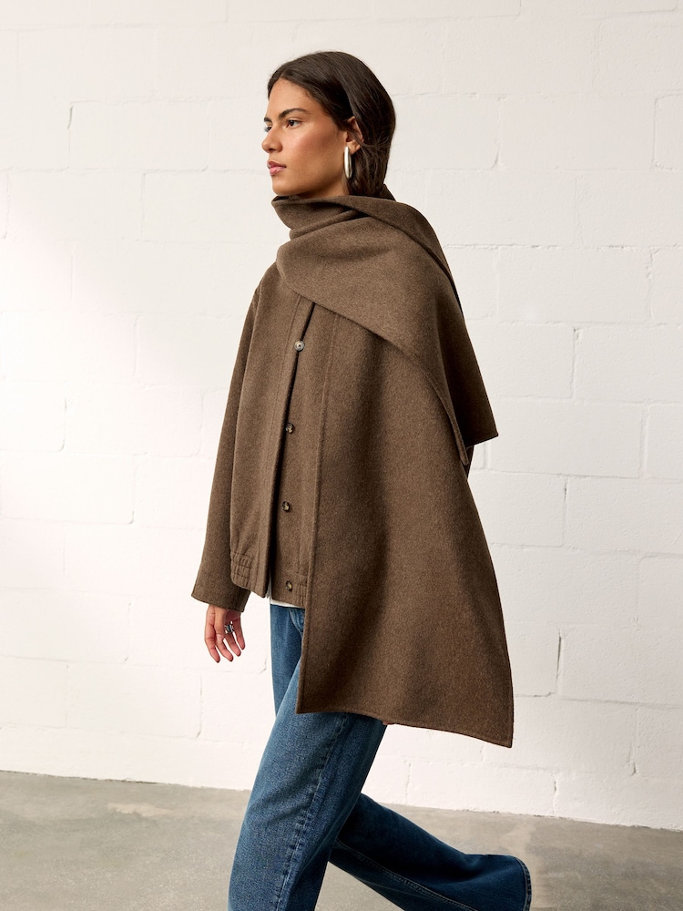 BHOEM Chestnut Brown Wool Blend Bomber Short Coat with Removable Scarf - Image 1 of 5 BHOEM Chestnut Brown Wool Blend Bomber Short Coat with Removable Scarf - Image 1 of 5