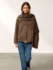 BHOEM Chestnut Brown Wool Blend Bomber Short Coat with Removable Scarf - Image 2 of 5