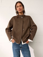 BHOEM Chestnut Brown Wool Blend Bomber Short Coat with Removable Scarf - Image 3 of 5