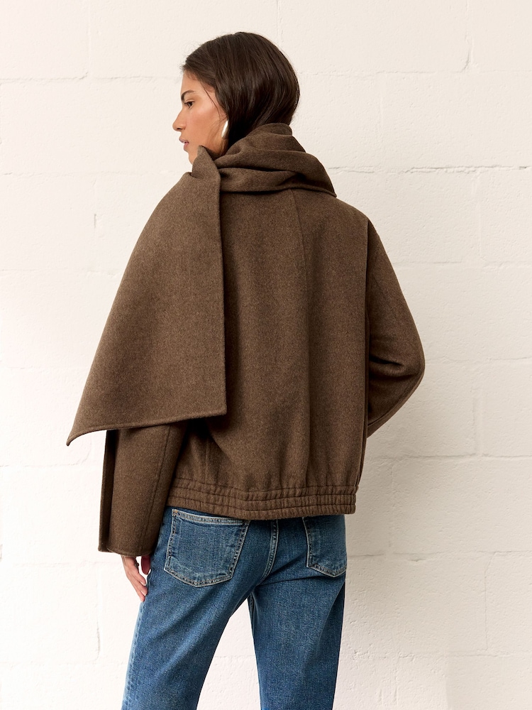 BHOEM Chestnut Brown Wool Blend Bomber Short Coat with Removable Scarf - Image 5 of 5 BHOEM Chestnut Brown Wool Blend Bomber Short Coat with Removable Scarf - Image 5 of 5