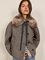 Checked Jacket with Detachable Faux Fur Collar - Bild 2 av 5