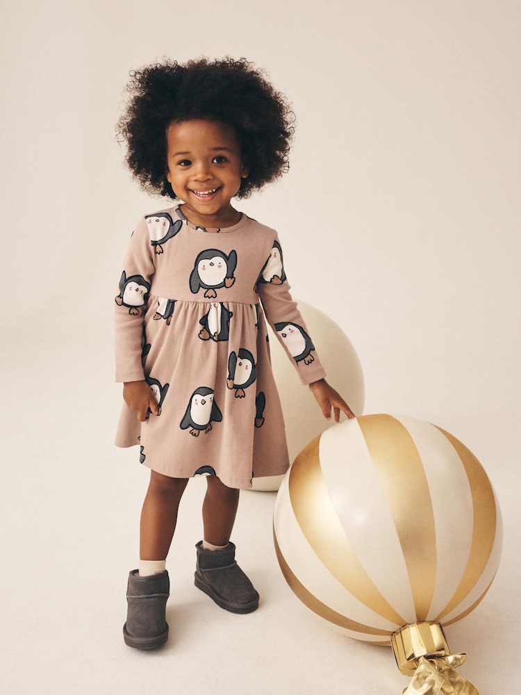 Neutral Penguin Long Sleeve Ribbed Dress (3mths-7yrs) - Image 1 of 7