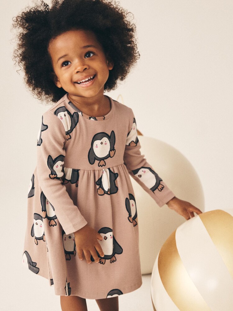 Neutral Penguin Long Sleeve Ribbed Dress (3mths-7yrs) - Image 2 of 7
