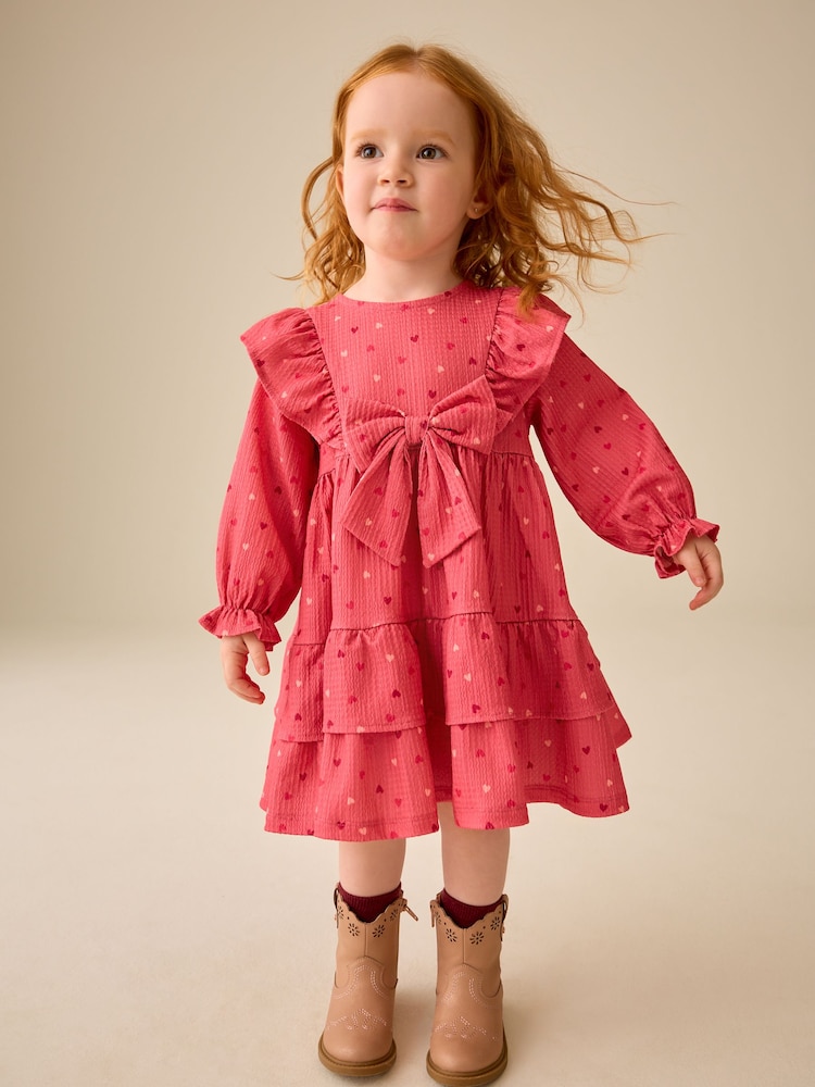 Pink Hearts Long Sleeve Tiered Dress (3mths-7yrs) - Image 1 of 4