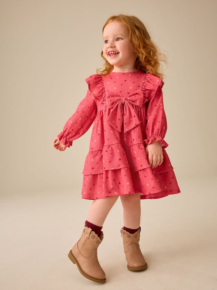 Pink Hearts Long Sleeve Tiered Dress (3mths-7yrs) - Image 2 of 4