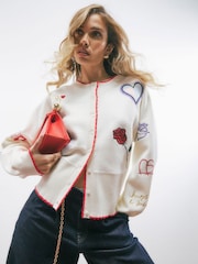 River Island Cream Long Sleeve Knitted Embroidered Heart Cardigan - Image 1 of 4