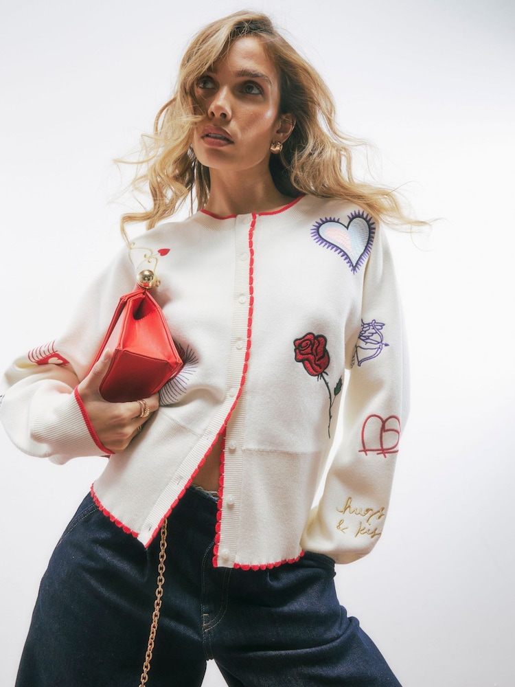 River Island Cream Long Sleeve Knitted Embroidered Heart Cardigan - Image 1 of 4