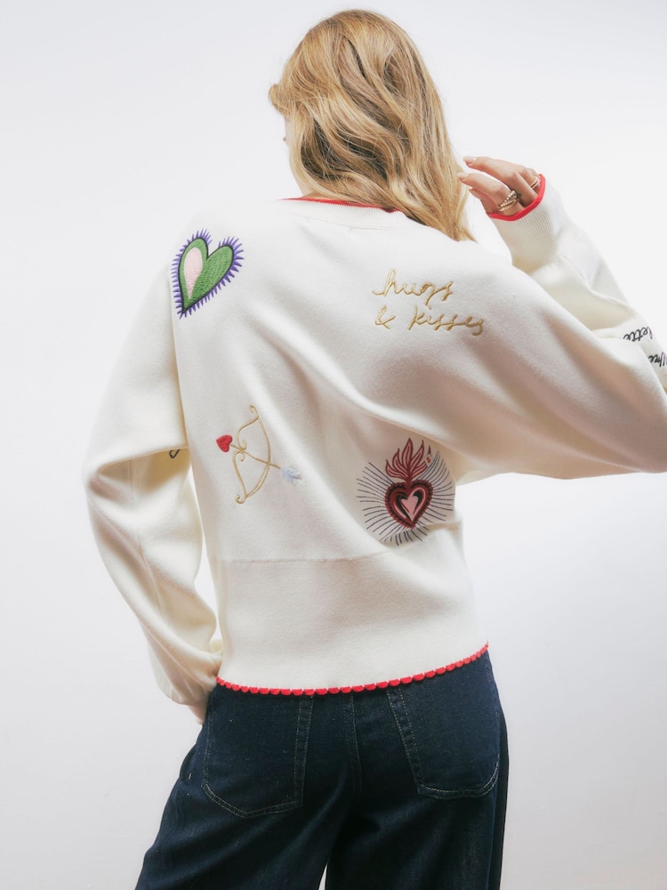 River Island Cream Long Sleeve Knitted Embroidered Heart Cardigan - Image 2 of 4