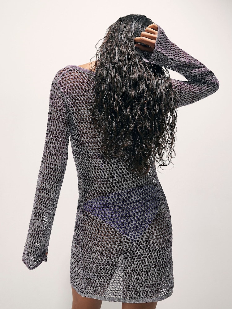 River Island Purple Long Sleeve Metallic Knitted Beach Tunic Dress - Image 2 of 4