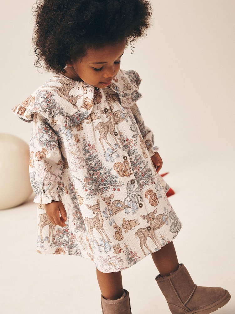Cream Christmas Long Sleeve Collar Dress (3mths-7yrs) - Image 1 of 8