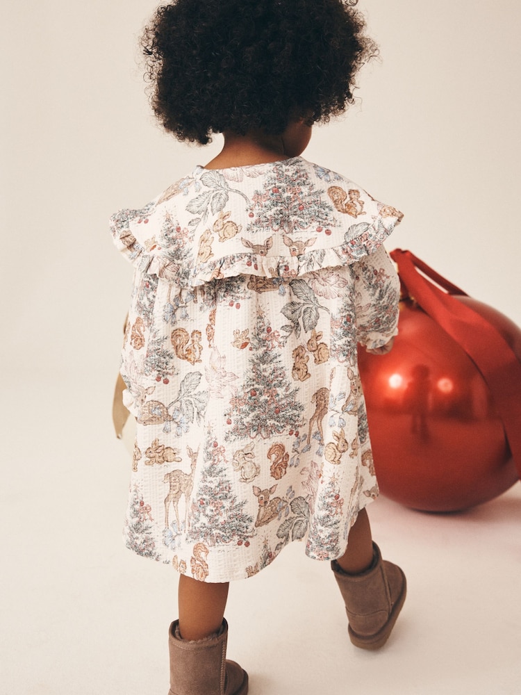 Cream Christmas Long Sleeve Collar Dress (3mths-7yrs) - Image 2 of 8