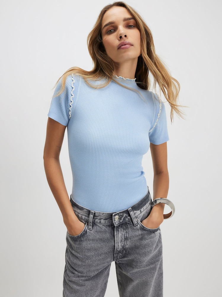 River Island Blue Short Sleeve Knitted Frill Top - Image 2 of 4
