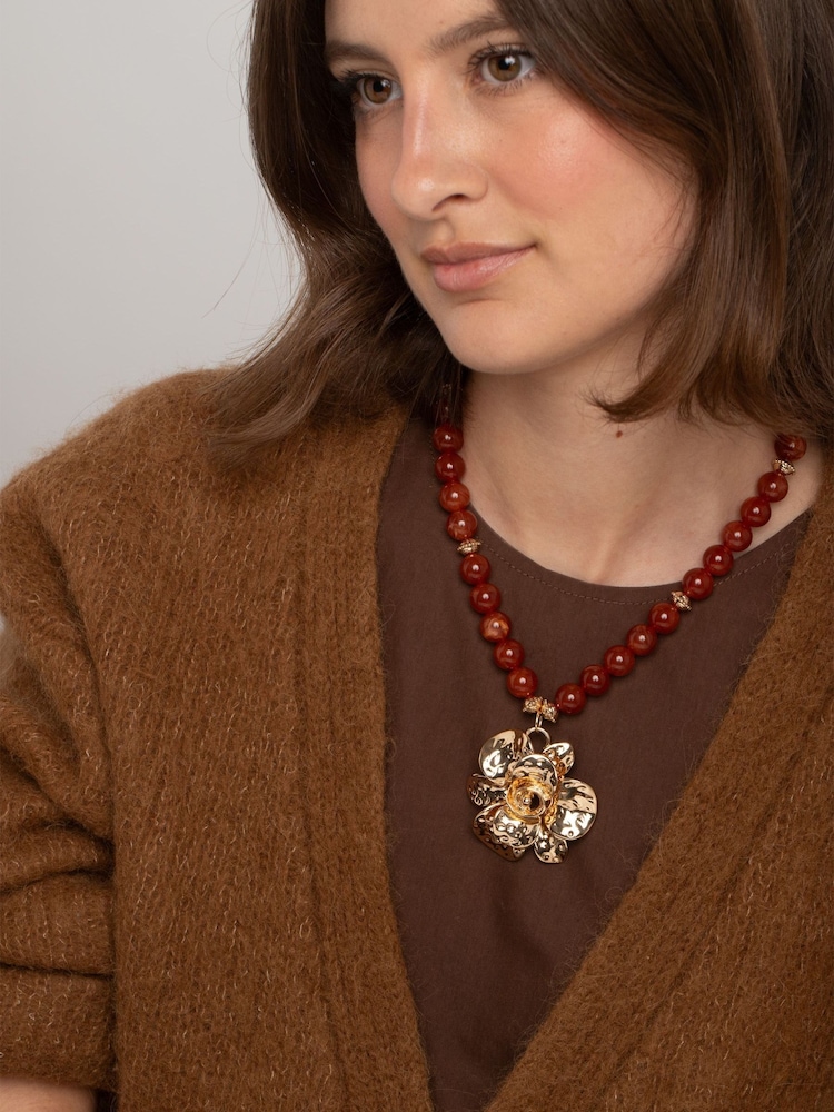 Aela Stone Flower Short Pendant Brown Necklace - Image 1 of 3 Aela Stone Flower Short Pendant Brown Necklace - Image 1 of 3
