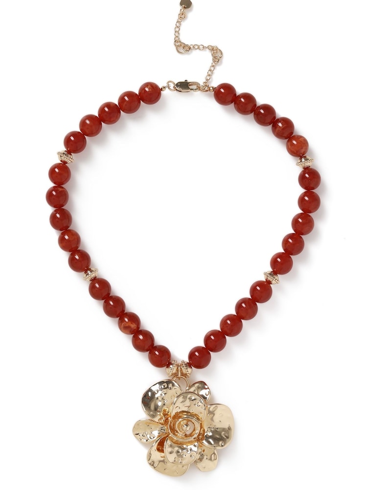 Aela Stone Flower Short Pendant Brown Necklace - Image 2 of 3 Aela Stone Flower Short Pendant Brown Necklace - Image 2 of 3