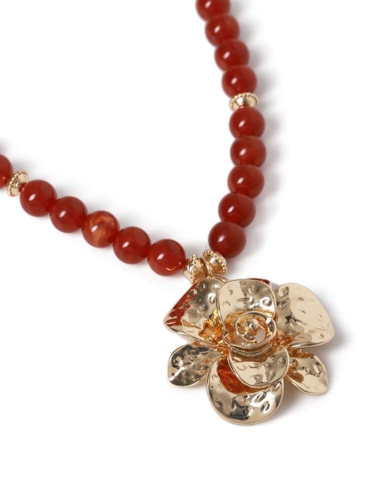 Aela Stone Flower Short Pendant Brown Necklace - Image 3 of 3 Aela Stone Flower Short Pendant Brown Necklace - Image 3 of 3