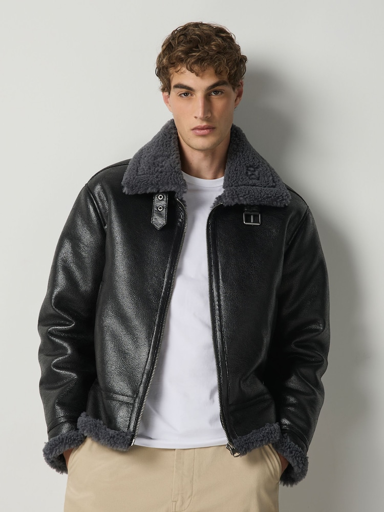 Black Faux Leather Flight Jacket - Image 2 of 5 Black Faux Leather Flight Jacket - Image 2 of 5