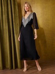 Love & Roses Black Metallic Fringed V-Neck Midi Dress - Image 1 of 5