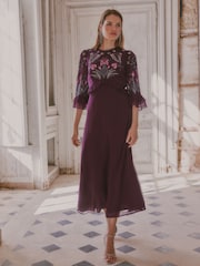 Bənövşəyi Çiçəkli - Love & Roses Embroidered Fluted Sleeve Midi Dress - 4şəkildən 1 şəkil