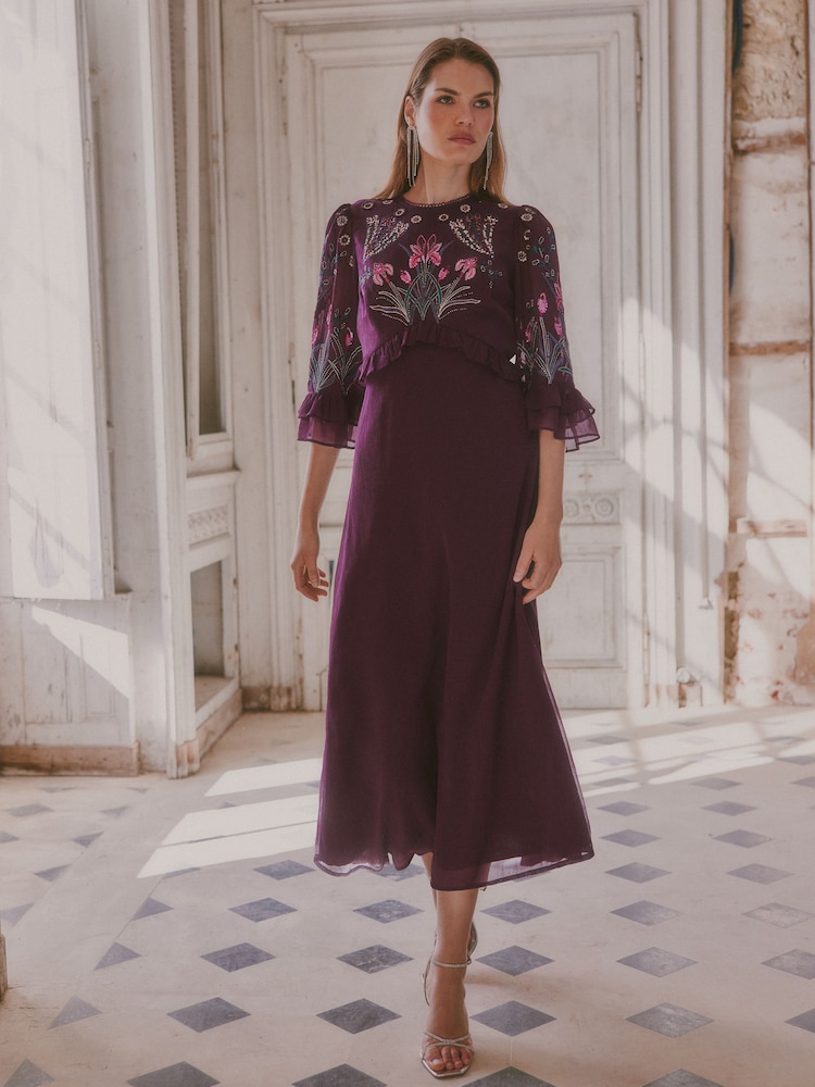 Bənövşəyi Çiçəkli - Love & Roses Embroidered Fluted Sleeve Midi Dress - 4şəkildən 1 şəkil Bənövşəyi Çiçəkli - Love & Roses Embroidered Fluted Sleeve Midi Dress - 4şəkildən 1 şəkil