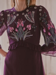 Bənövşəyi Çiçəkli - Love & Roses Embroidered Fluted Sleeve Midi Dress - 4şəkildən 2 şəkil