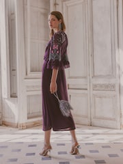 Bənövşəyi Çiçəkli - Love & Roses Embroidered Fluted Sleeve Midi Dress - 4şəkildən 3 şəkil