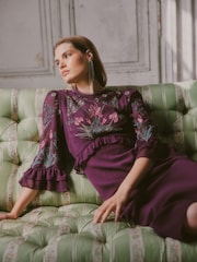 Bənövşəyi Çiçəkli - Love & Roses Embroidered Fluted Sleeve Midi Dress - 4şəkildən 4 şəkil